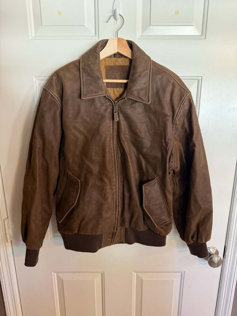 Dockers Leather Bomber Jacket Size M Brown Quilted Lined Vintage
